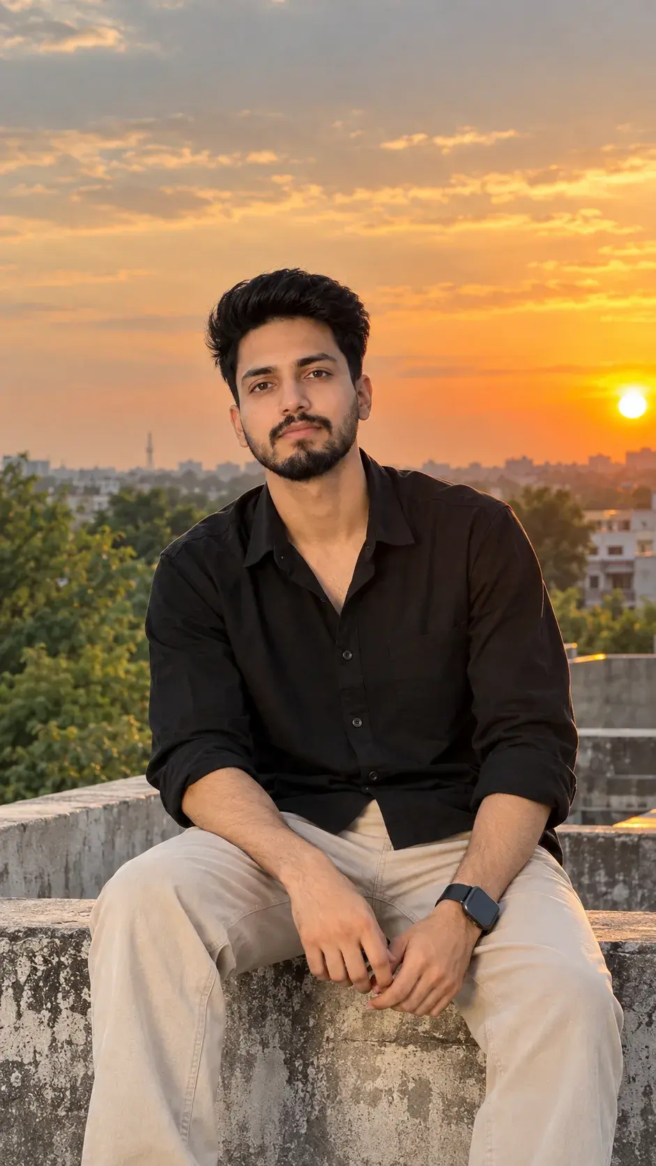 Golden Hour Rooftop Portrait | Black Shirt & Beige Trousers
