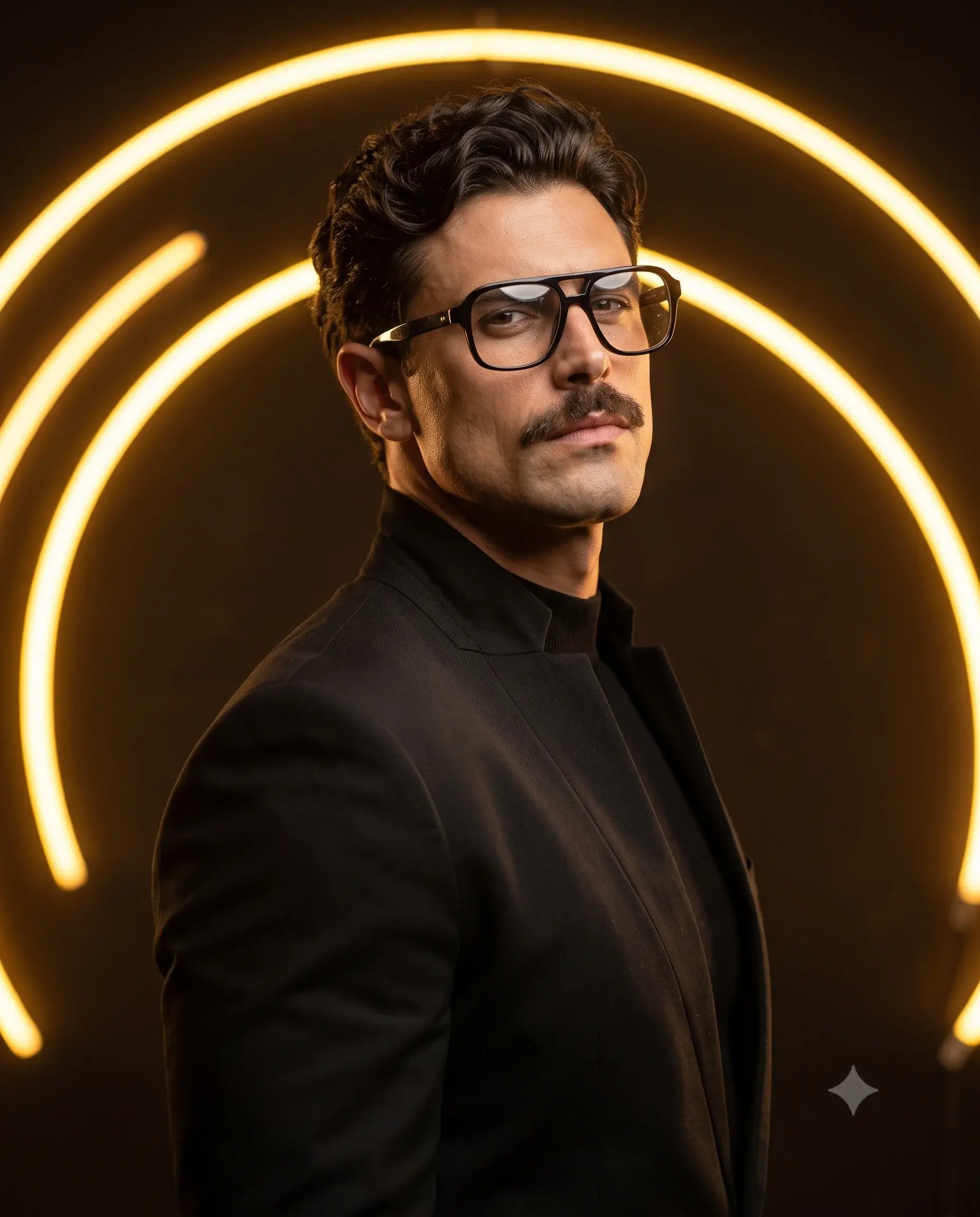Golden Neon Ring Cinematic Portrait AI Prompt