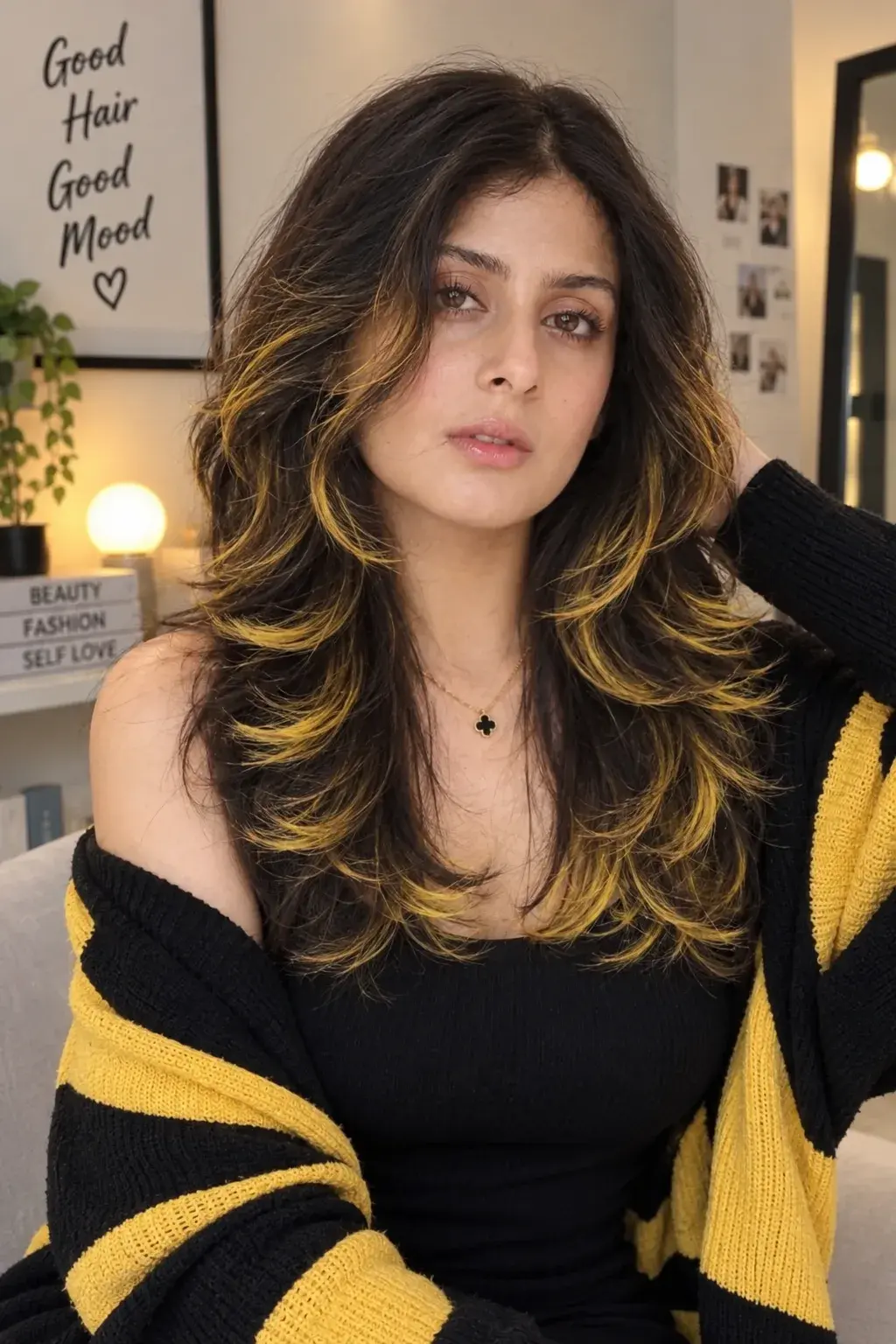 Golden Streaks & Midnight Layers ✨ | Black And Yellow Butterfly Hair