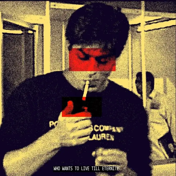 Gritty Glitch Pop Art Graphic Poster Of Young Man Lighting Cigarette