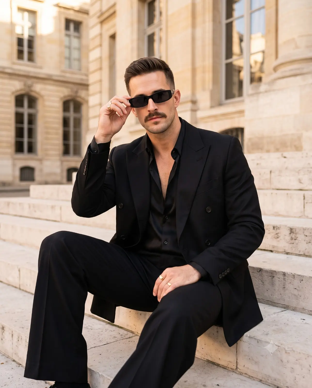 Handsome Guy Adjusting Sunglasses Outdoor AI Prompt
