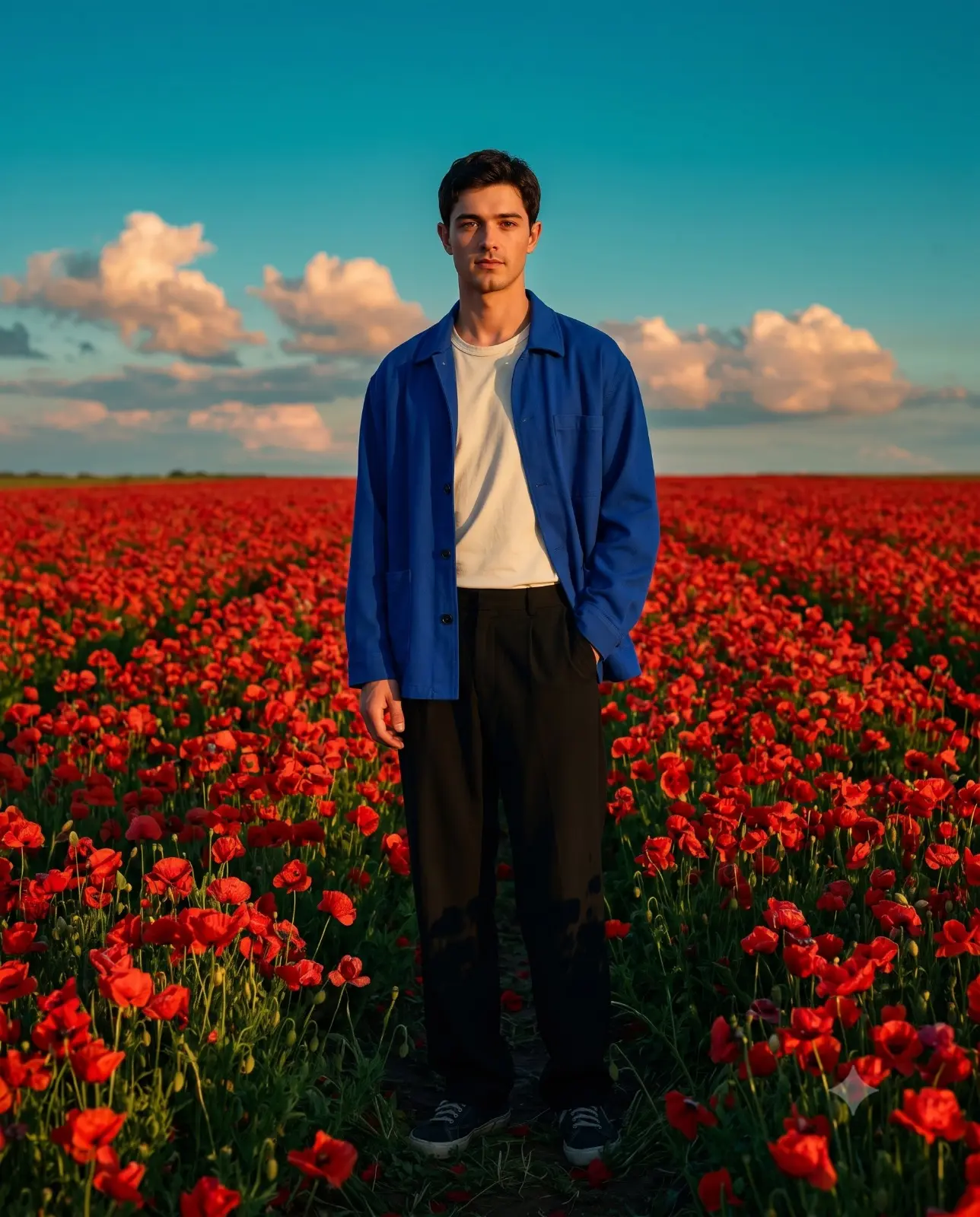 Handsome Man Standing In Red Poppy Field Portrait