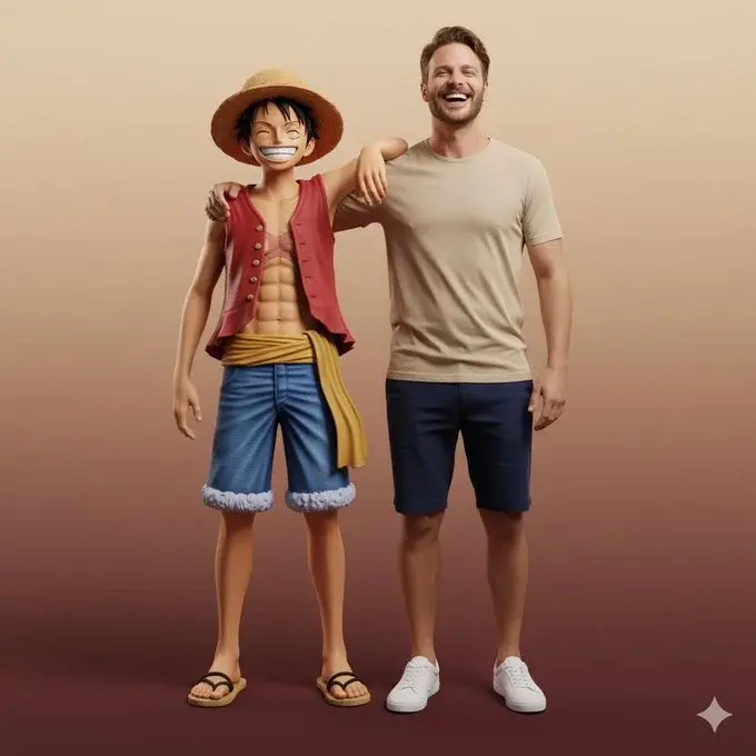 Hyper-Realistic Full Body Portrait Interacting With Luffy