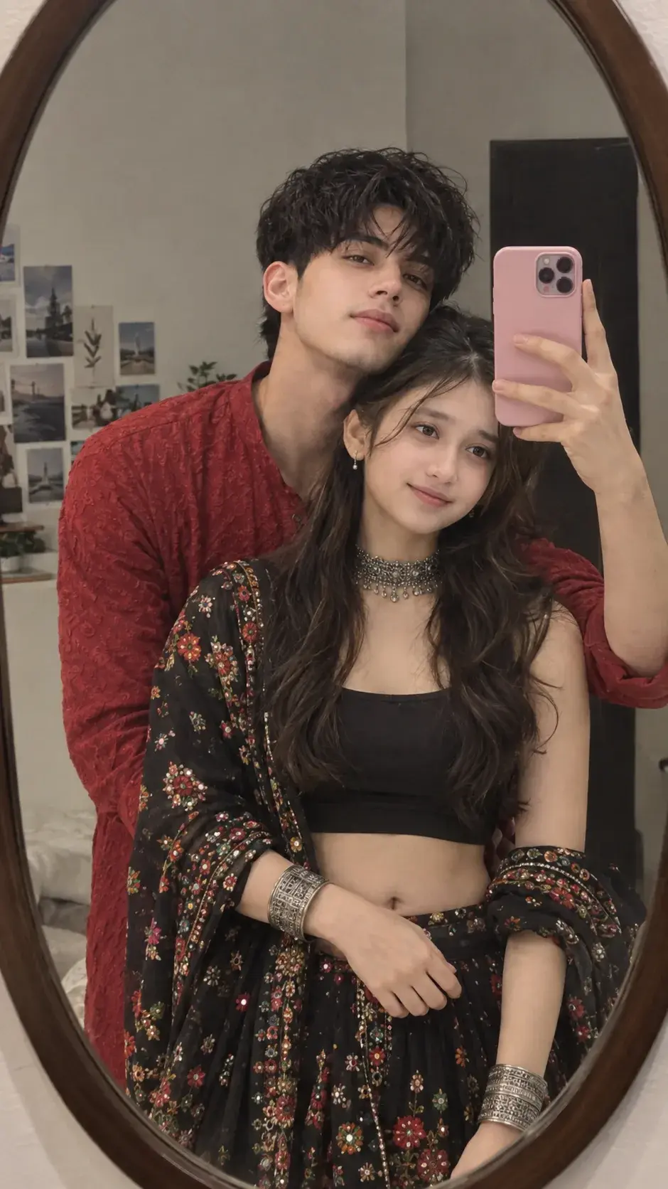 Indian Couple Mirror Selfie In An Oval Wall Mirror
