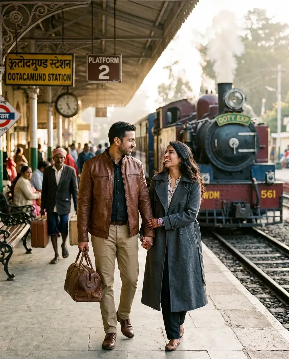 Indian Couple Portrait At A Charming Vintage Railway Station,
