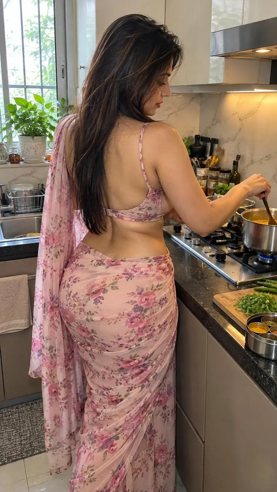 Indian Woman Cooking In Pink Floral Saree | Realistic Kitchen Photography