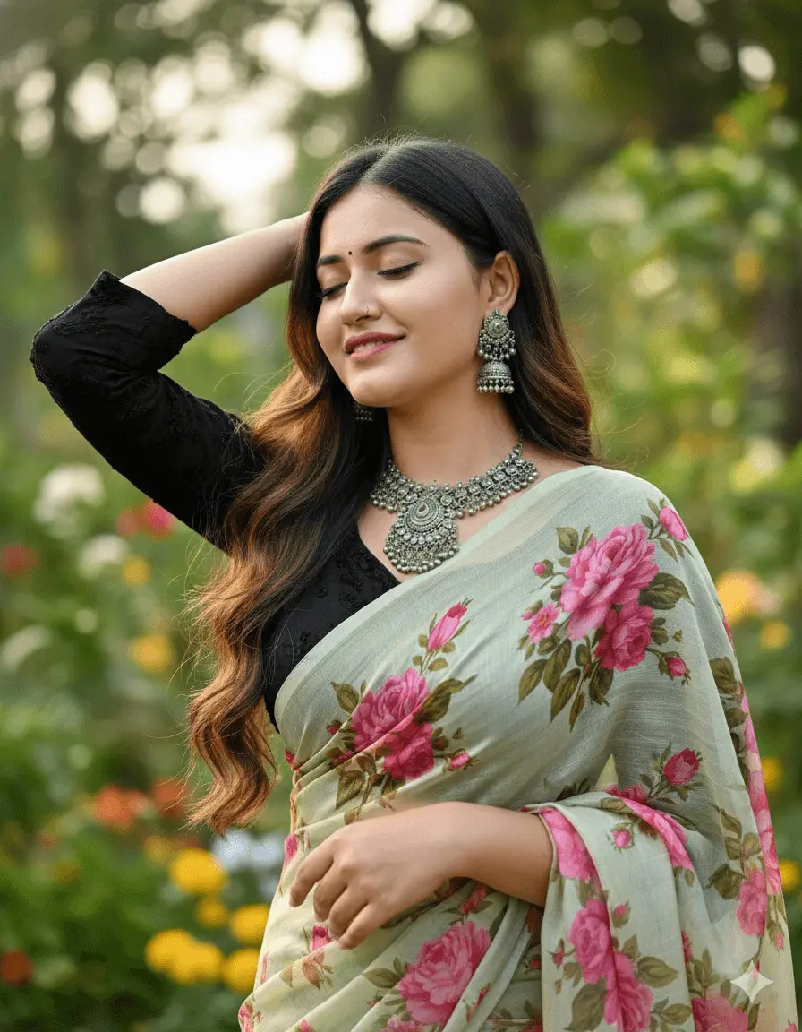Indian Woman In Pale Green Floral Saree