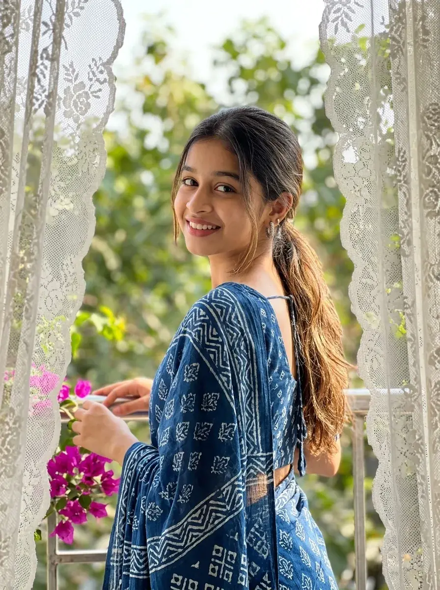 Indigo Batik Print Saree Portrait Framed By Lace Curtains & Bougainvillea Prompt