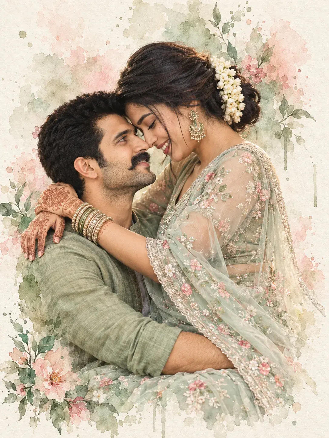 Intimate Watercolor Couple Portrait Forehead-To-Forehead