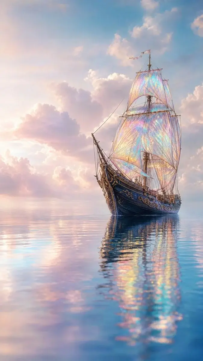 Iridescent Sails Fantasy Ship Illustration