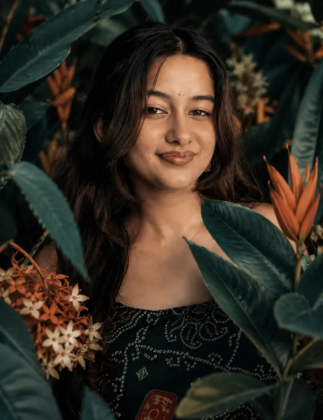 Jungle Portrait Among Tropical Blooms