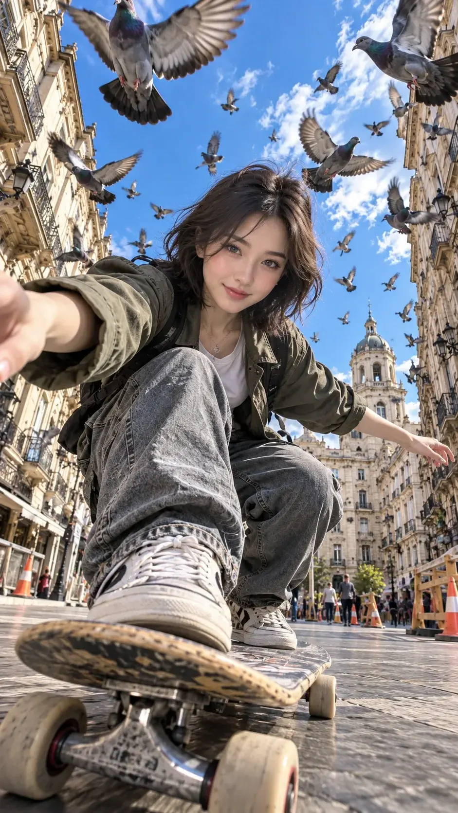 Korean Girl’s Epic Skateboarding Adventure Among Flying Pigeons | 8K Cinematic Street Photography 🫶