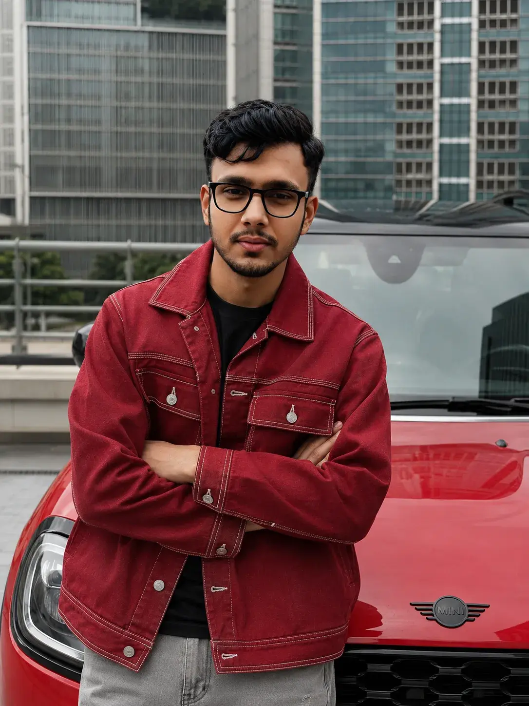Korean Urban Fashion Portrait (Red Denim Jacket Editorial)