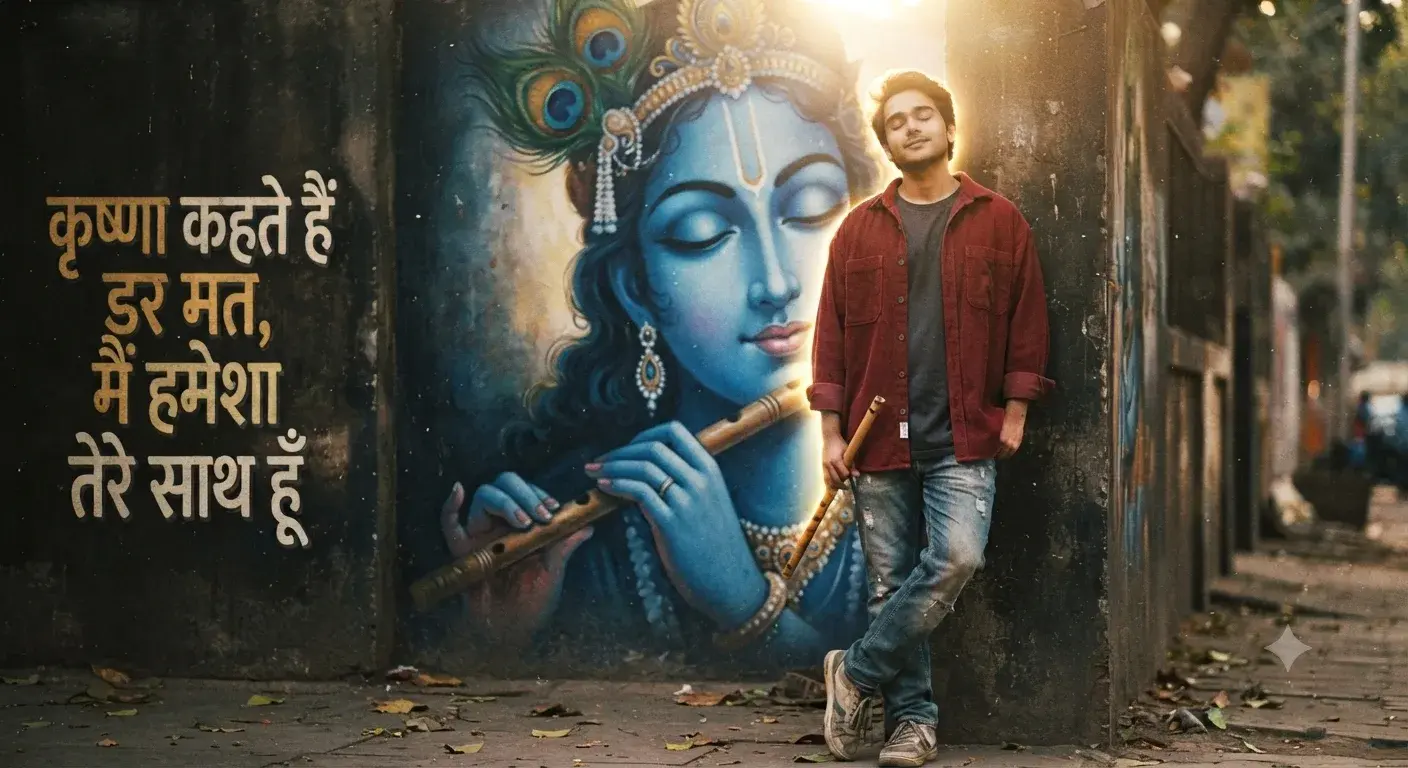 Lord Krishna Face Fluat Illuminated By A Dramatic