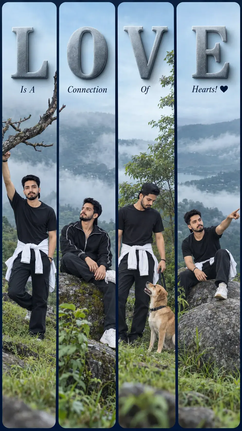 Love 4-Panel Cinematic Monsoon Portrait Collage | Misty Hillside Aesthetic