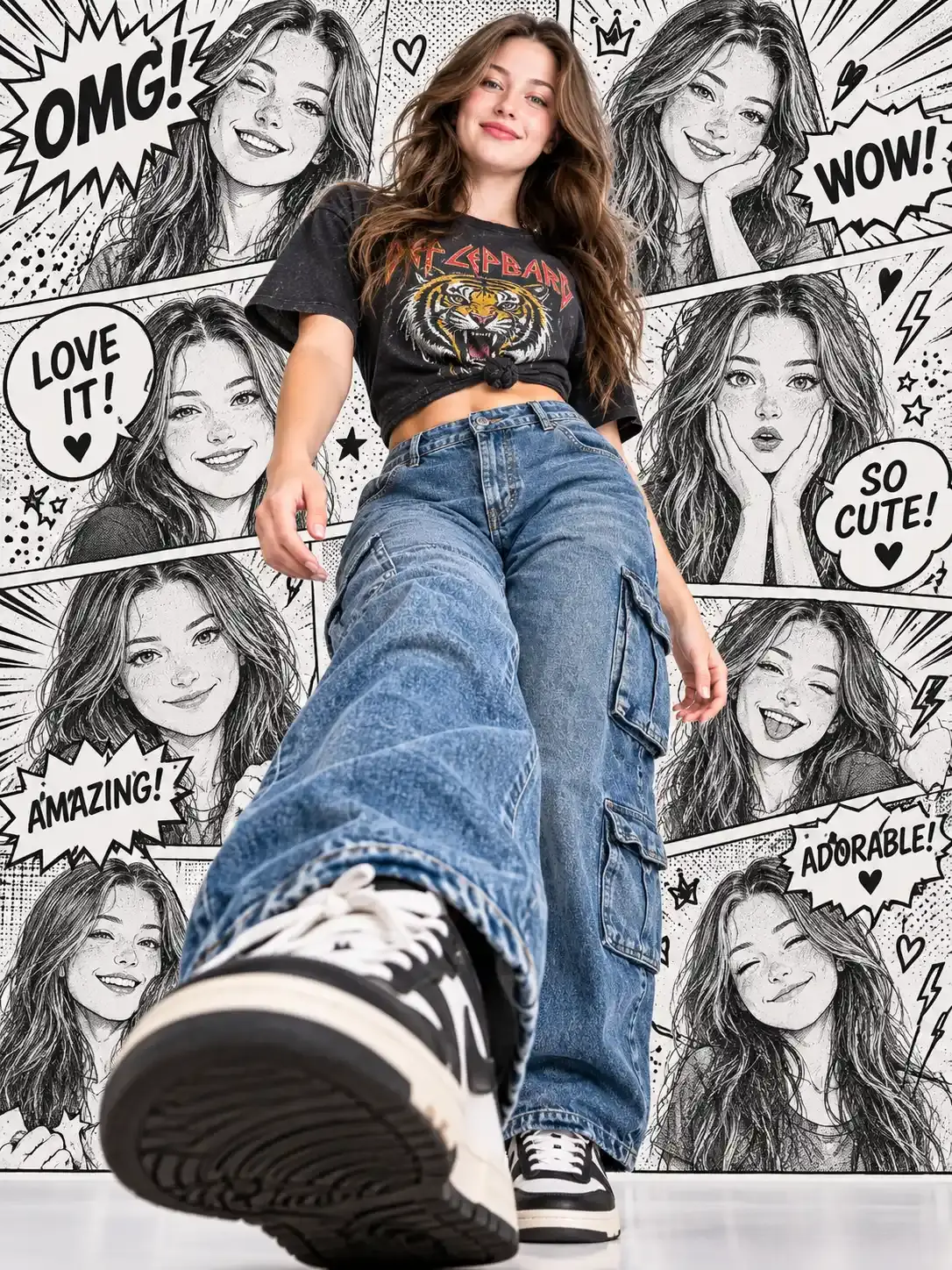 Low Angle Streetwear Woman Manga Background Photo Prompt