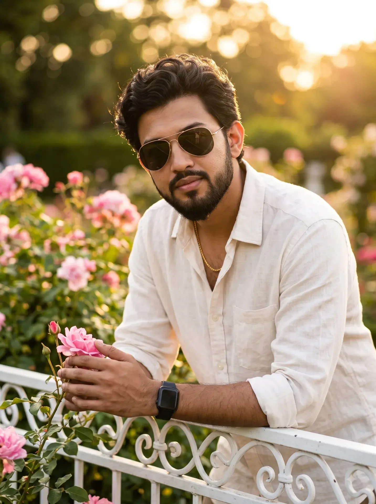 Lush Green Garden, Pink Flowers, Warm Golden-Hour Sunlight, Dreamy Bokeh