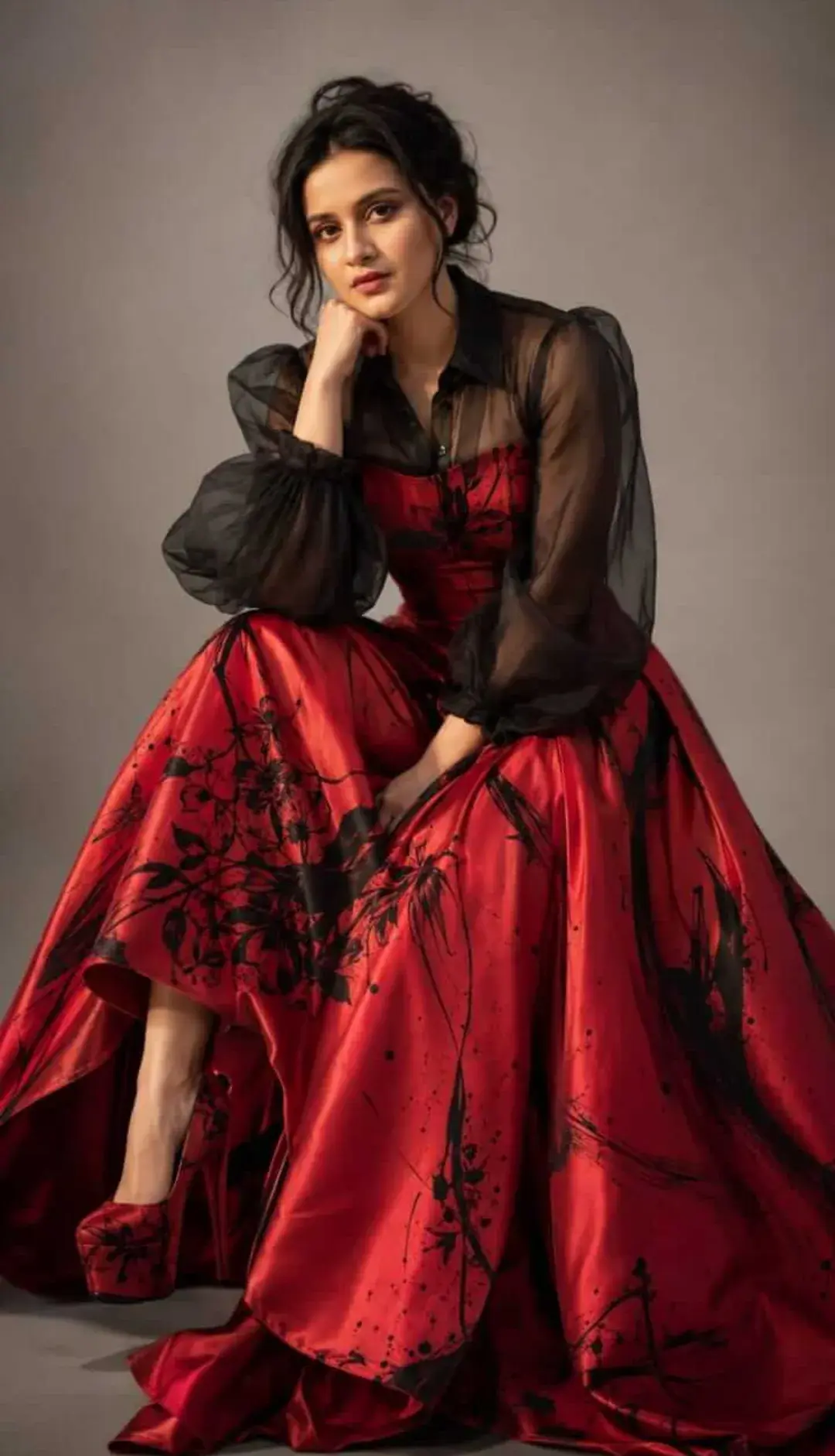 Luxury Crimson Couture Portrait, High-Fashion Editorial Studio