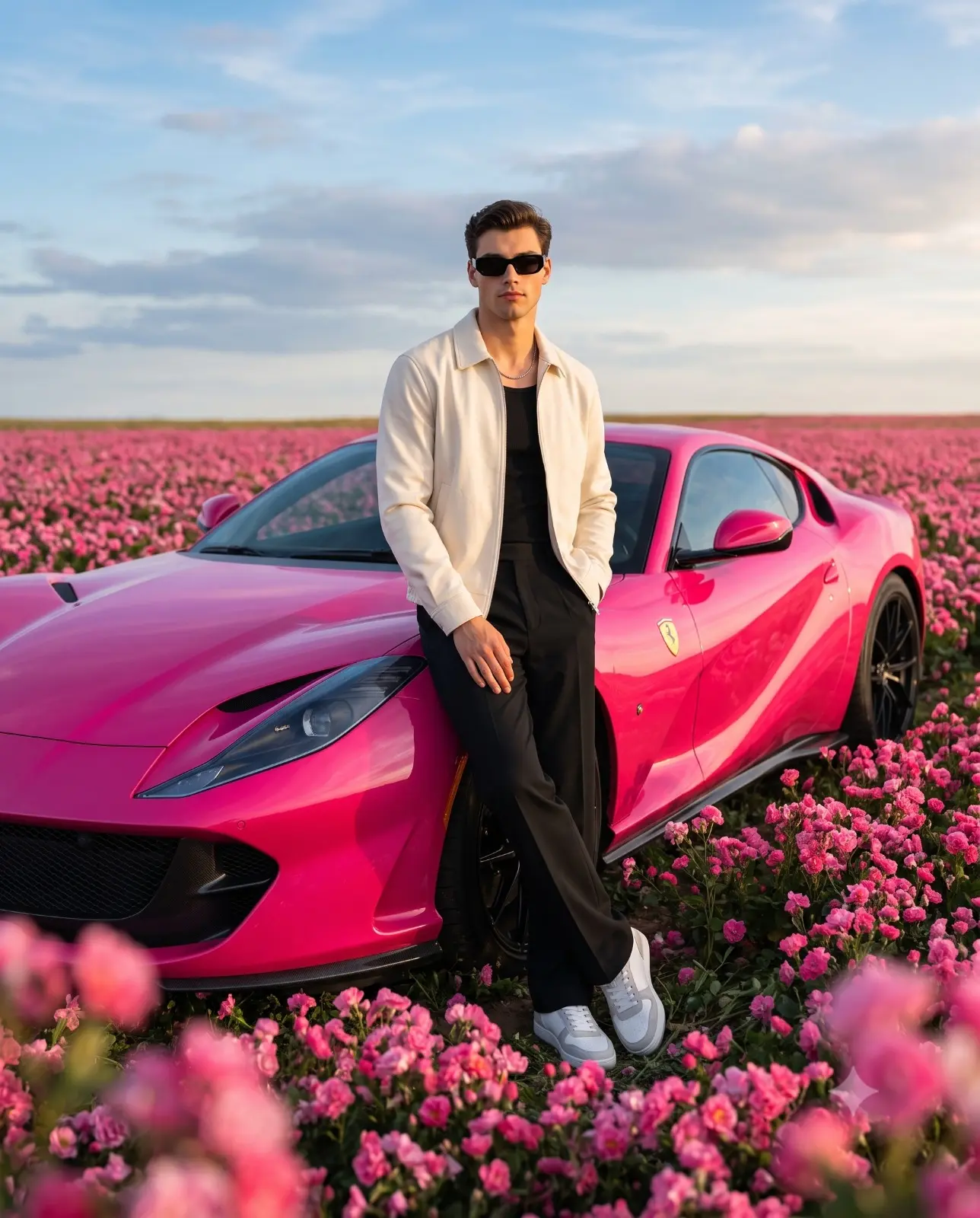 Luxury Lifestyle Portrait In A Vibrant Field Of Pink Flowers