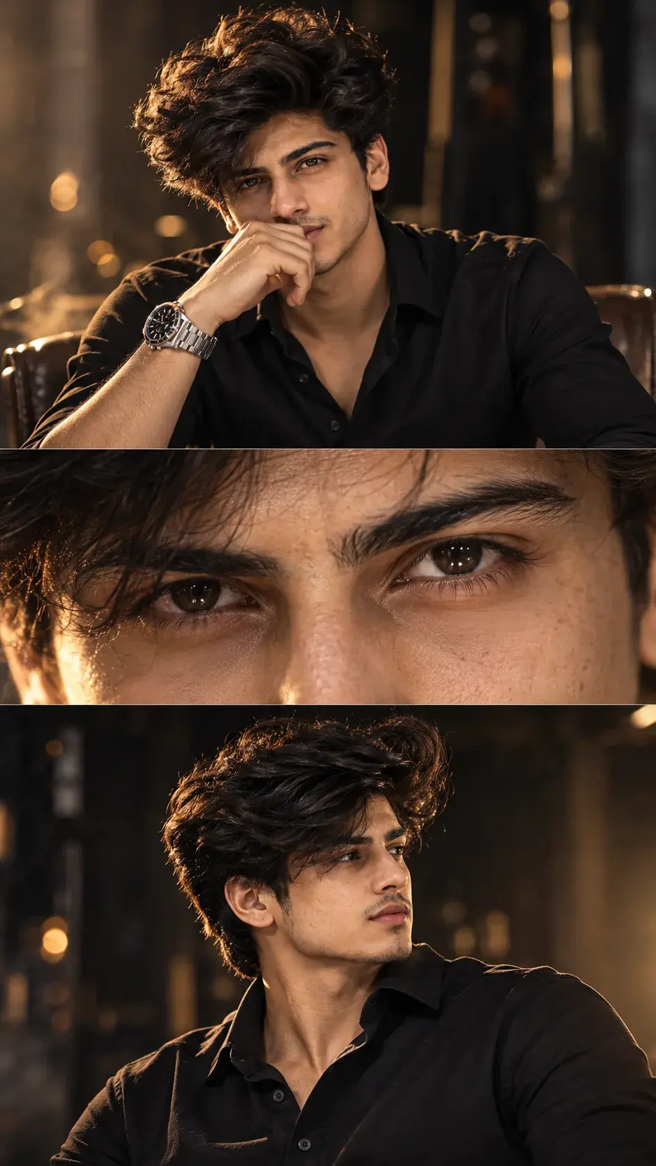 Luxury Male Beauty Editorial In A Three-Panel Cinematic Collage