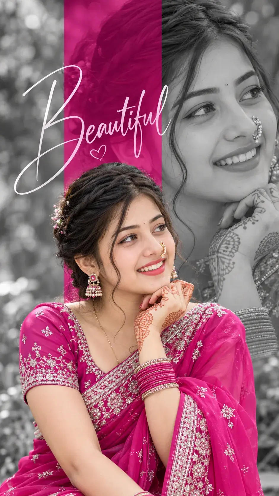 Magenta Saree Bridal Portrait Collage With Black And White Overlay 💖
