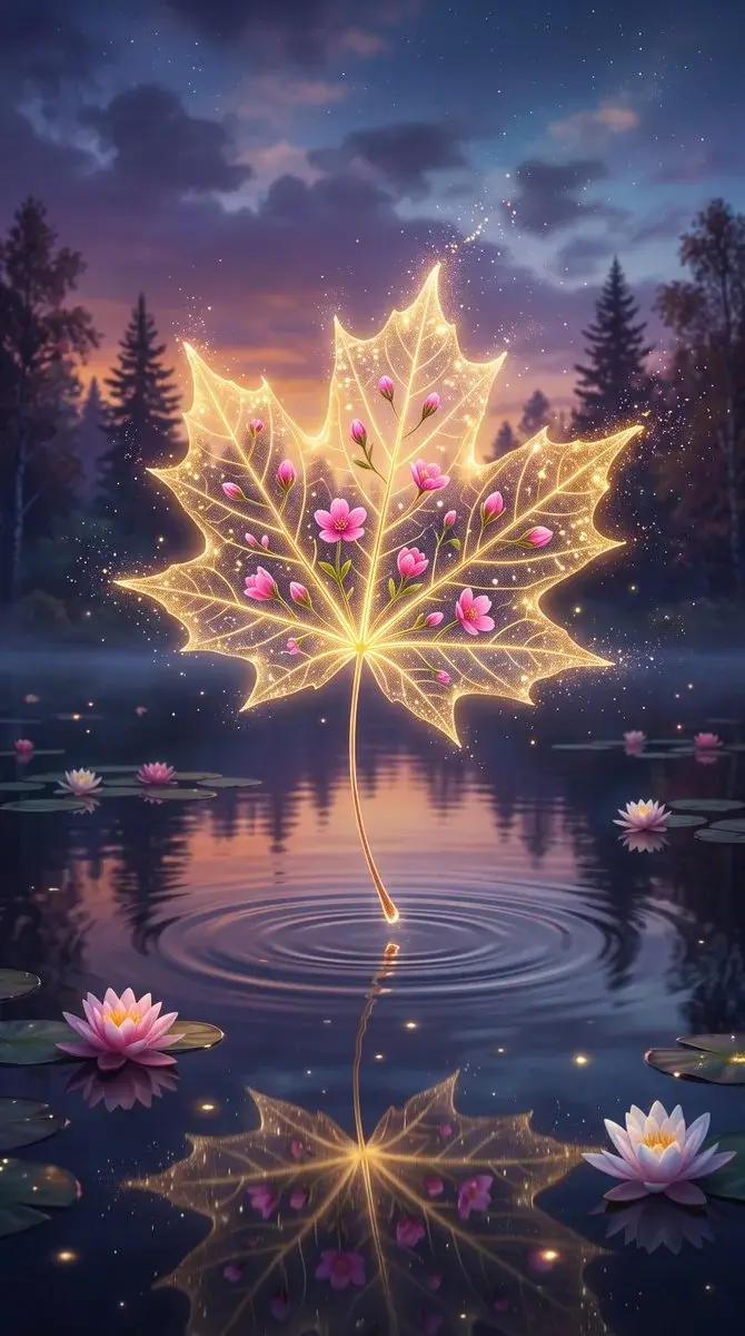 Magical Translucent Maple Leaf Over Water