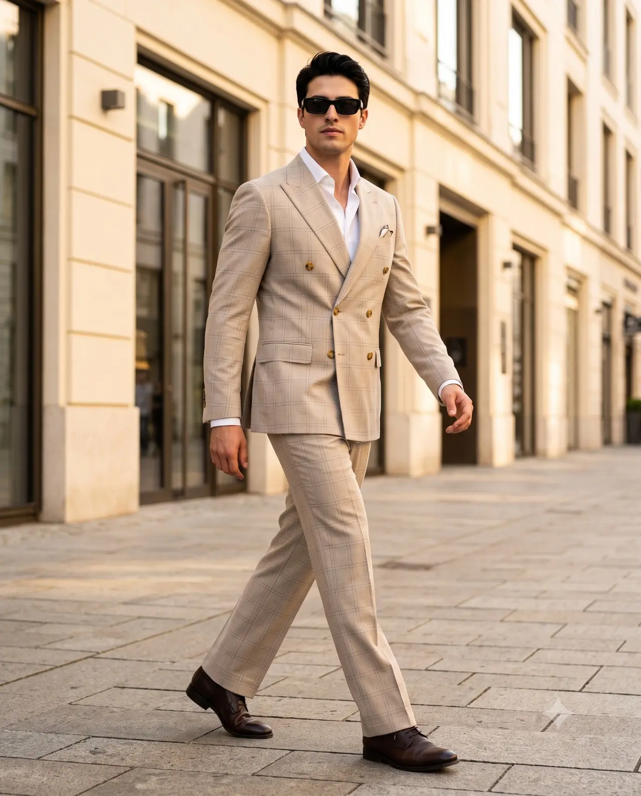 Man In Beige Double Breasted Suit Walking In City