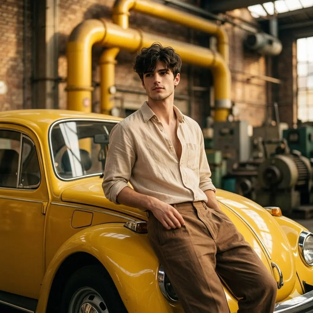 Man In Beige Shirt Leaning On Vintage Car