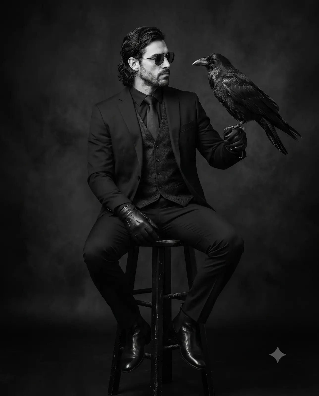 Man In Black Suit With Raven Studio Portrait