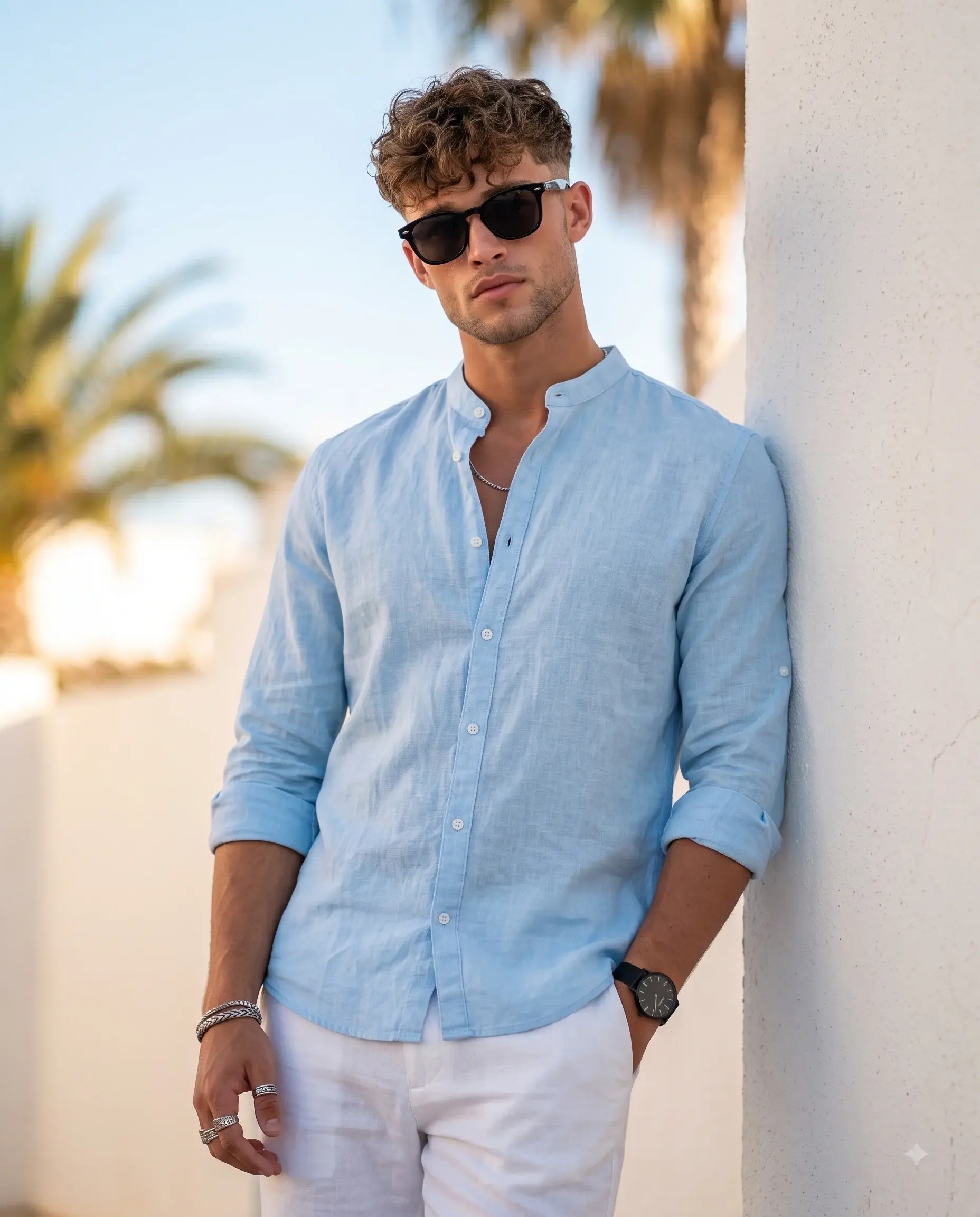 Man In Blue Linen Shirt, Summer Style