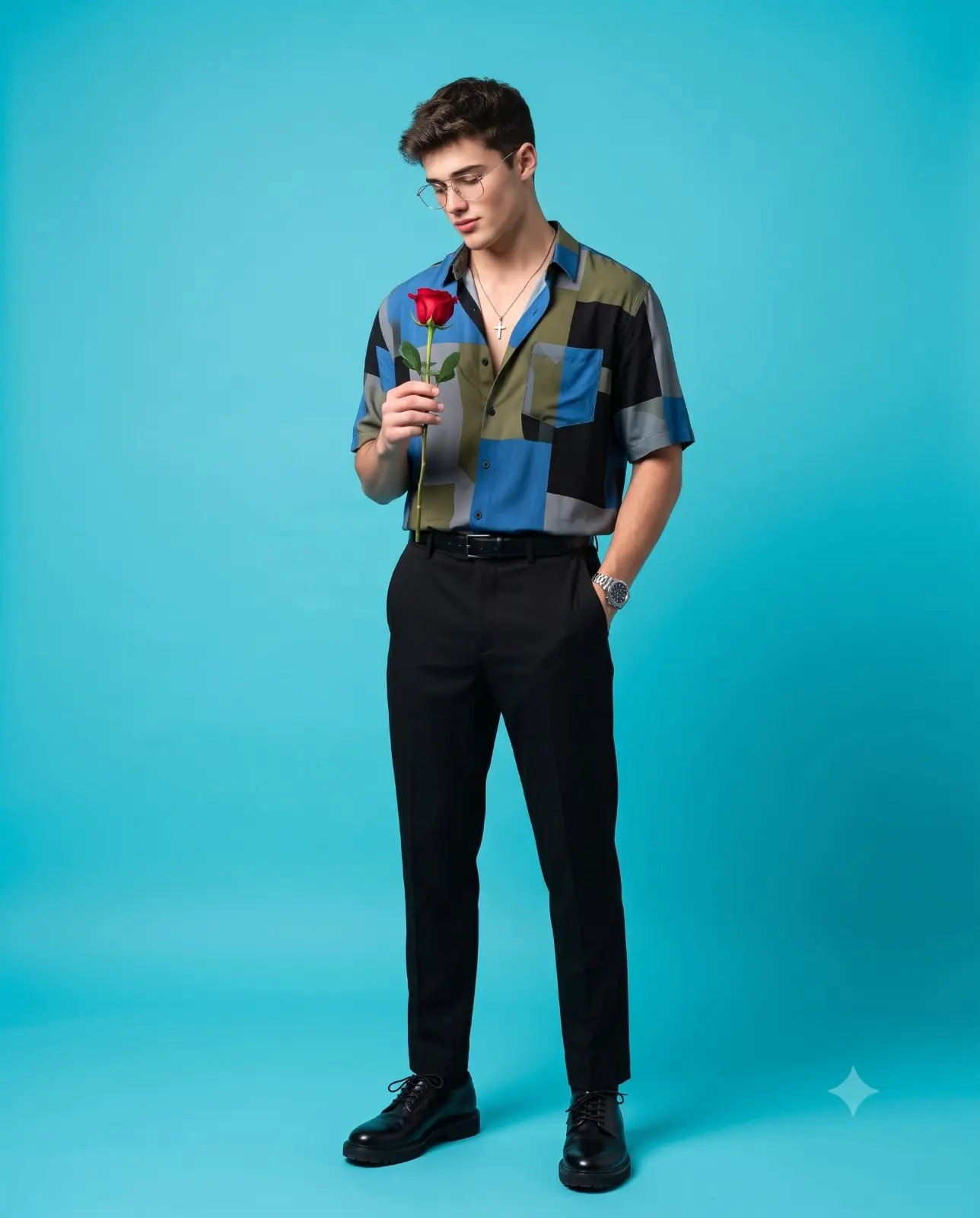 Man In Colorblock Shirt Holding Rose