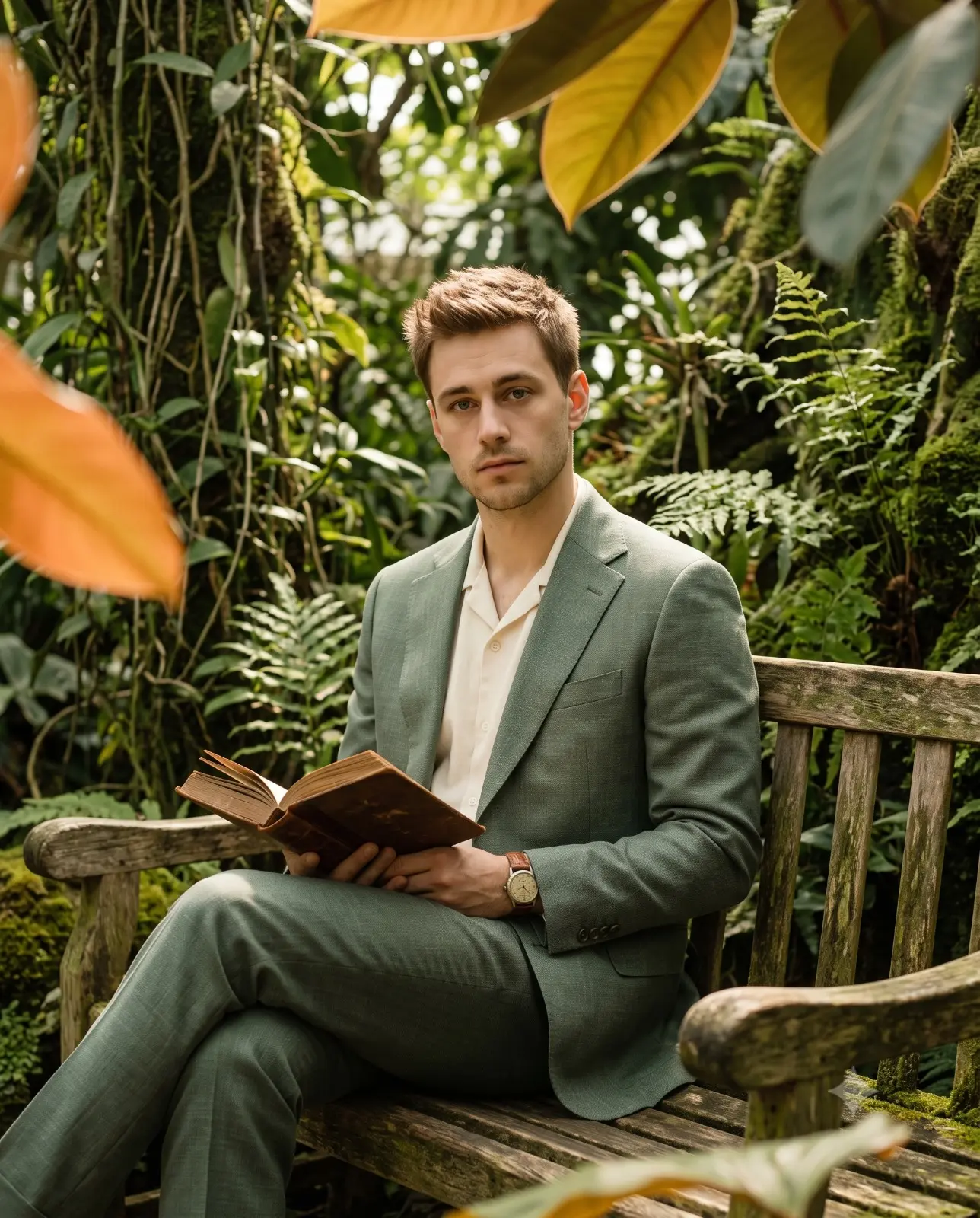Man In Green Suit Reading In Botanical Garden