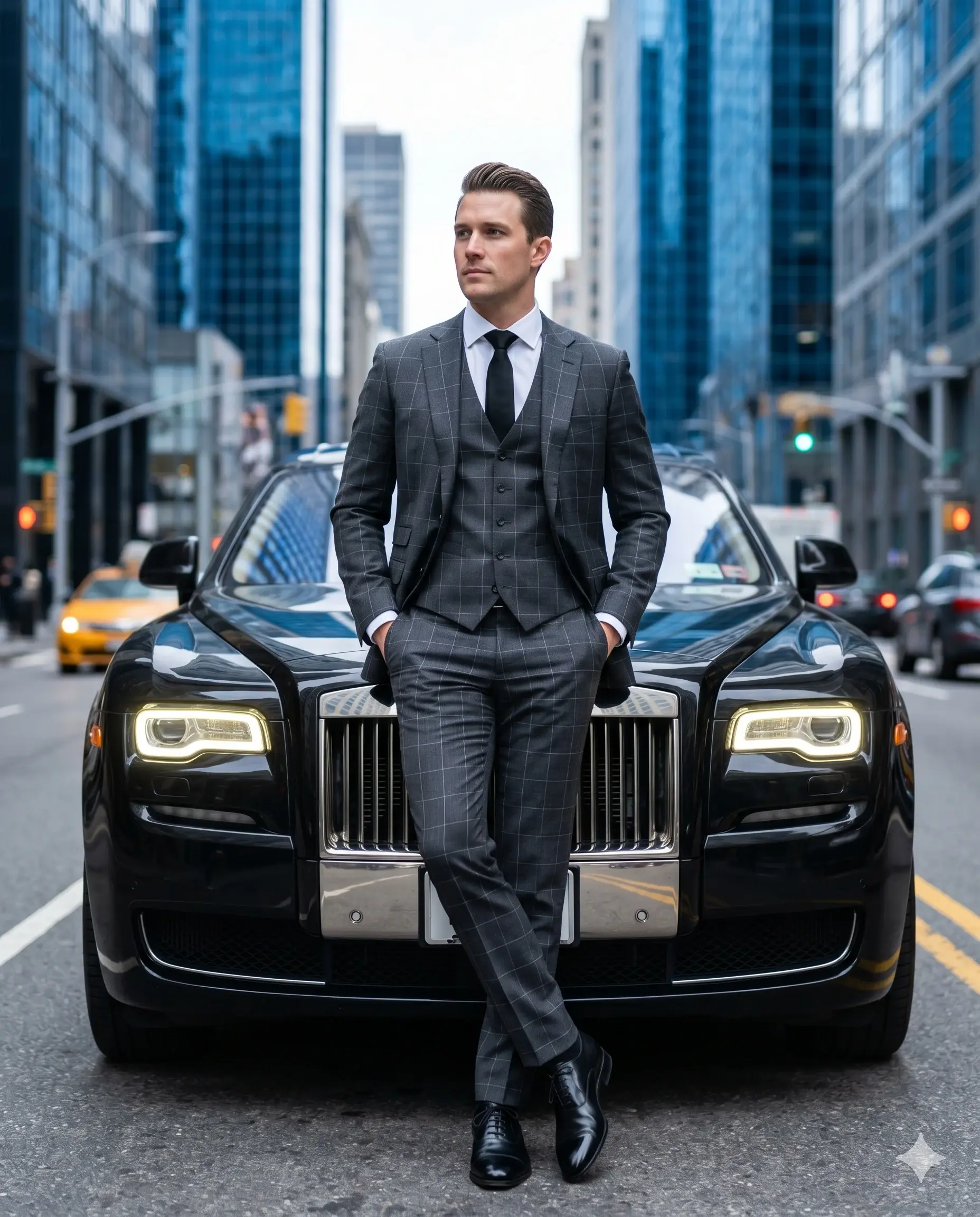 Man In Plaid Suit Against Luxury Car