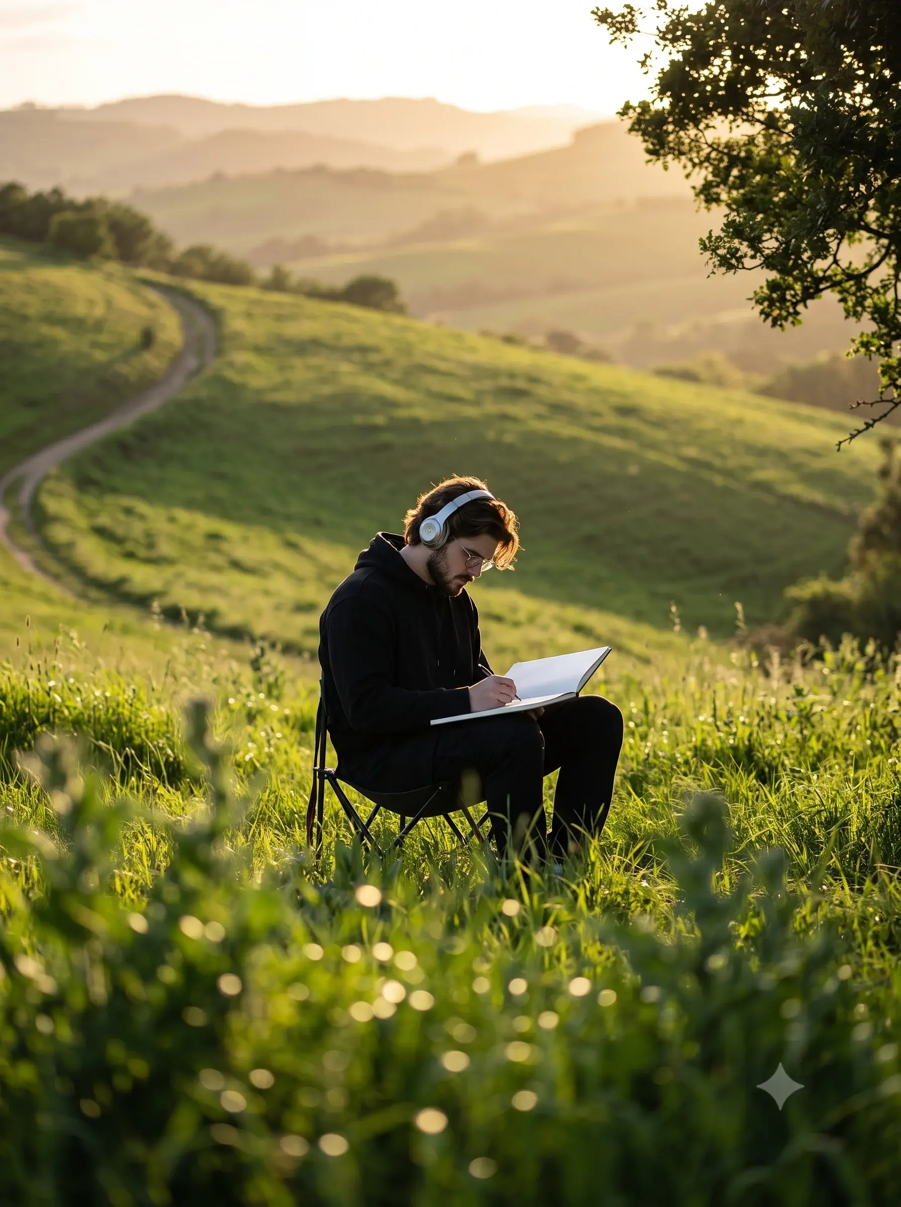 Man Journaling In Green Meadow Photo AI Prompt