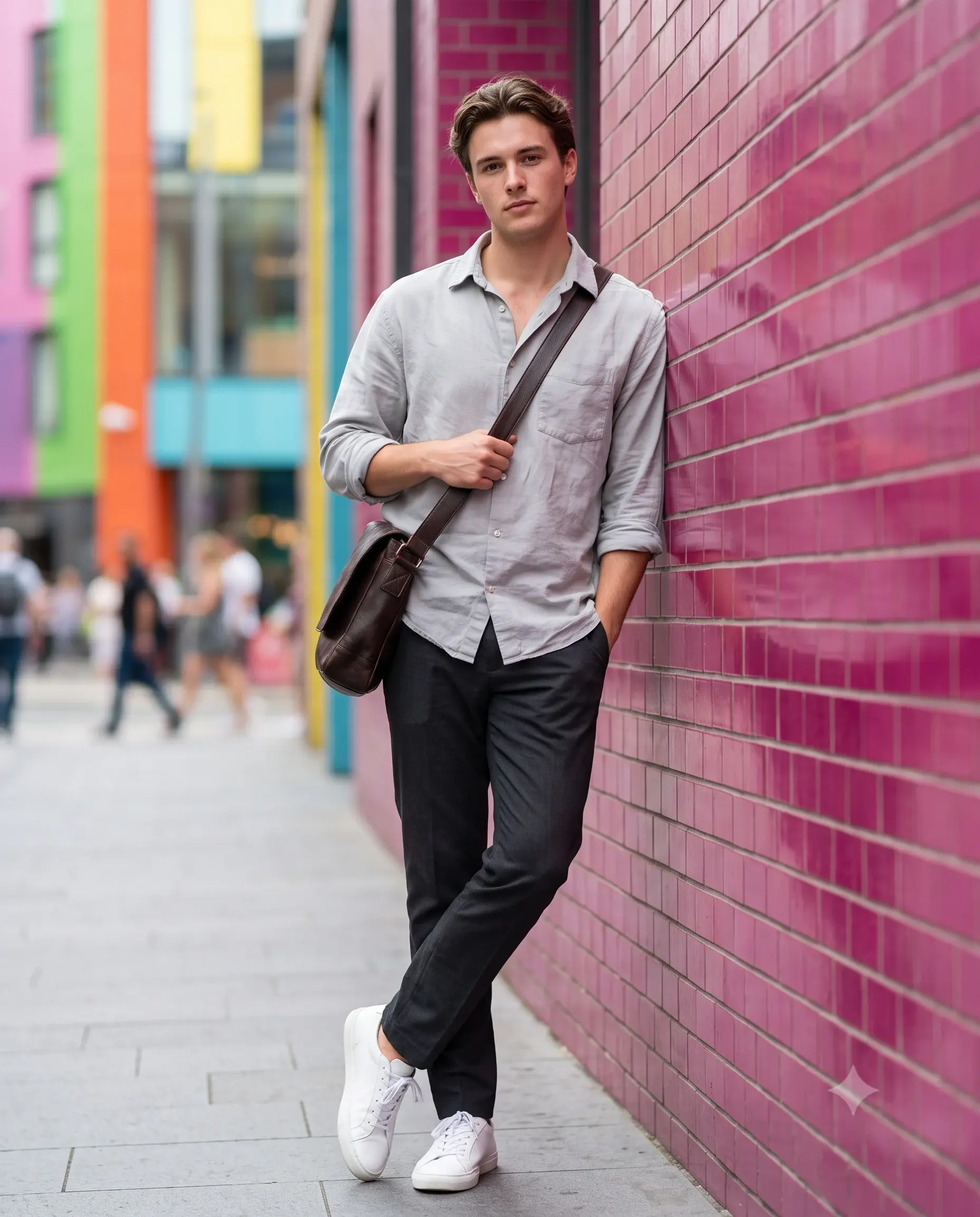 Man Leaning On Vibrant Pink Tiled Wall