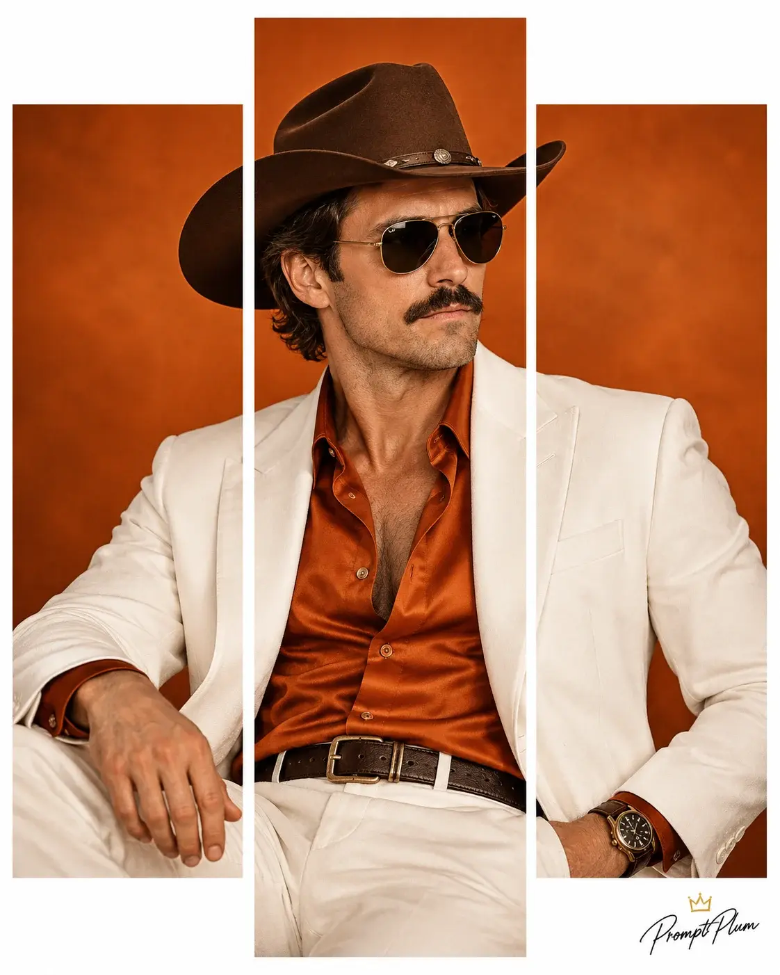Man Orange Shirt White Suit 3 Panel Photo Prompt