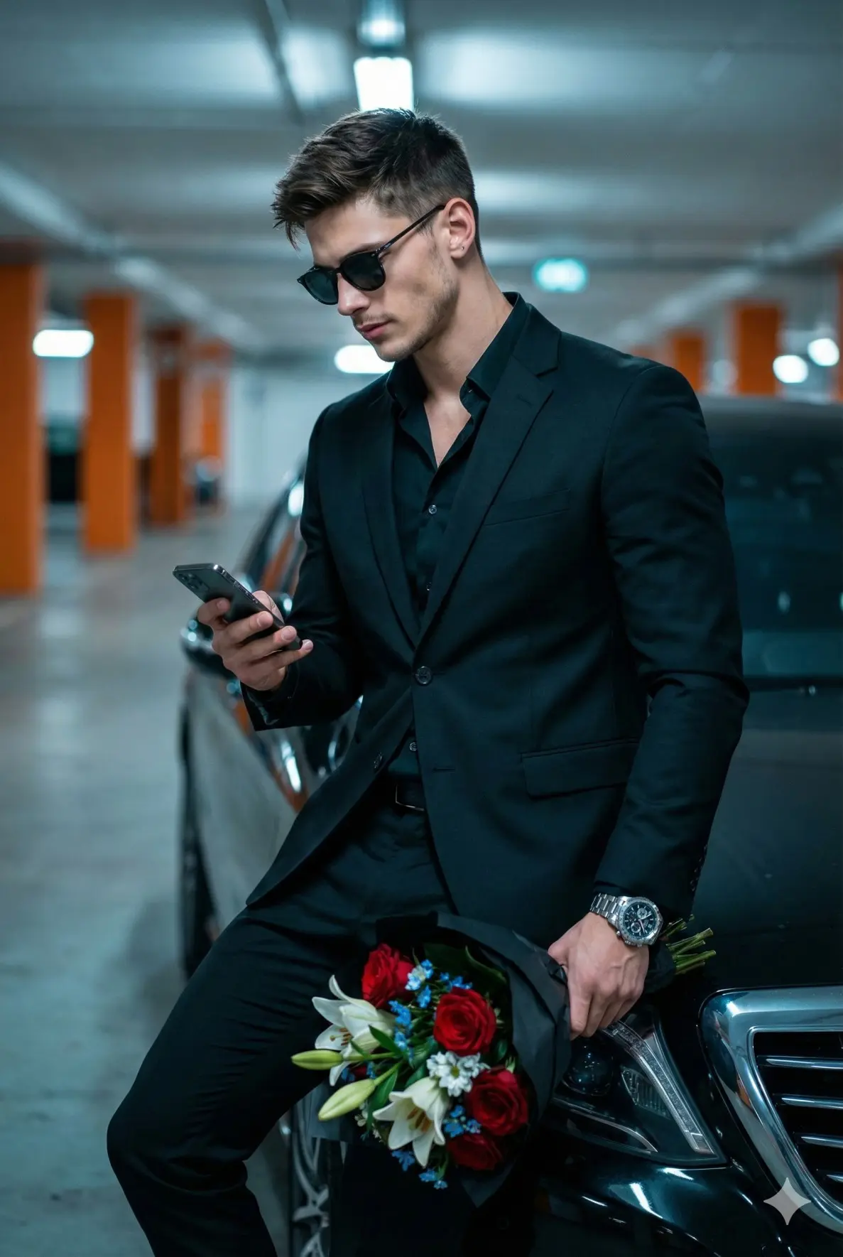 Man Waiting With Bouquet In Garage