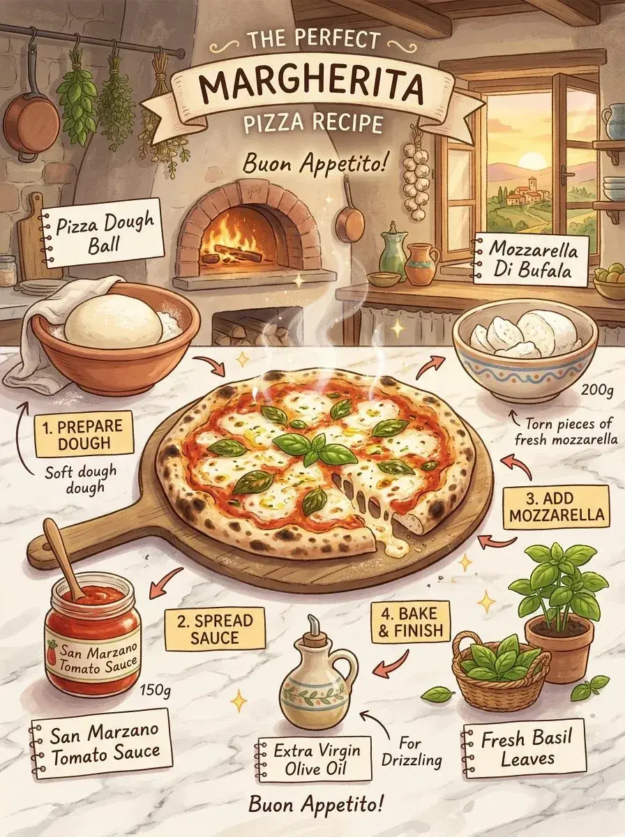 Margherita Pizza Recipe Infographic, Studio Ghibli Inspired Illustration Generate An Infographic Prompt Featuring Marghe