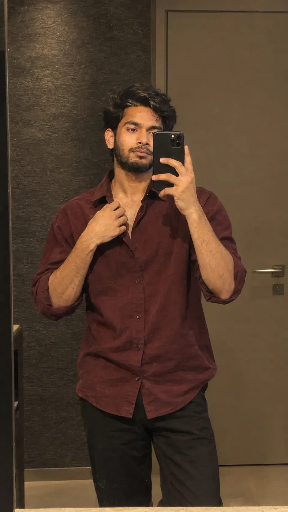 Maroon Shirt Mirror Selfie | Ultra-Realistic Male Fashion Portrait