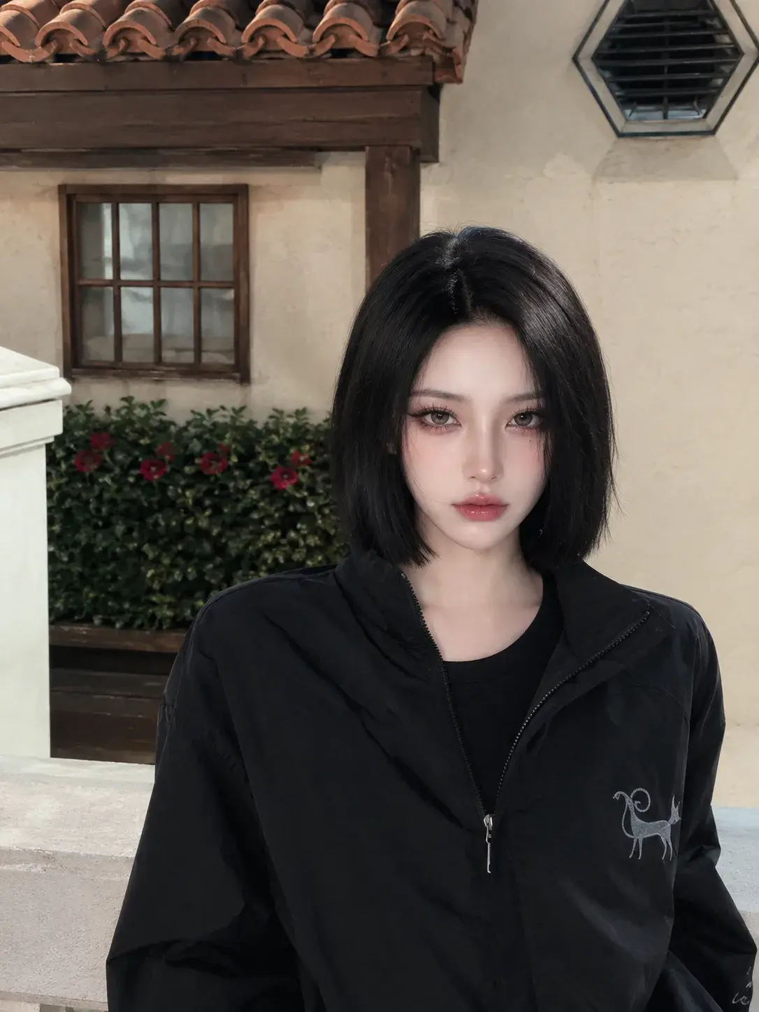 🖤 Midnight Black Bob — Cinematic Courtyard Portrait ✨