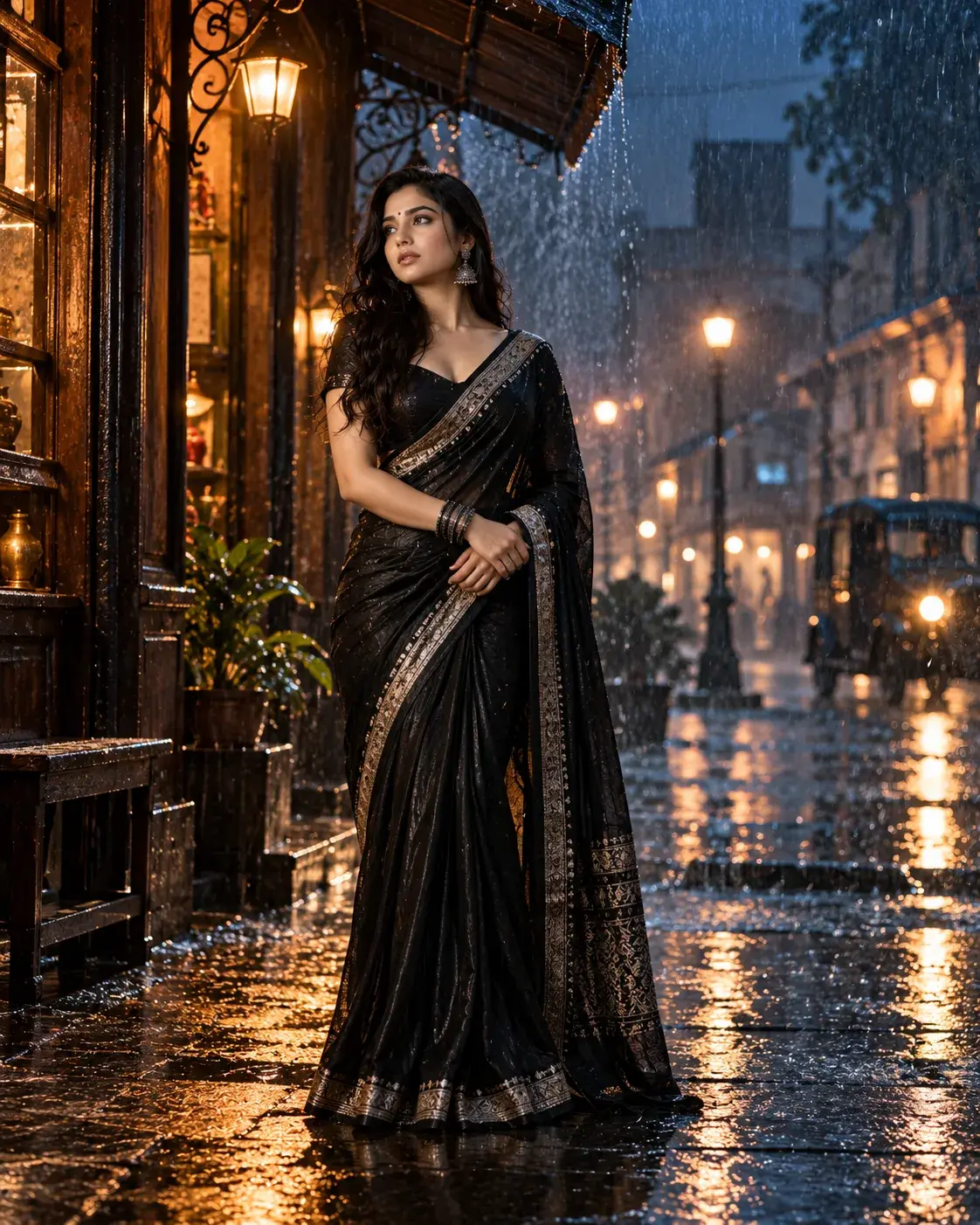 Midnight Monsoon — Black Saree Rain Editorial