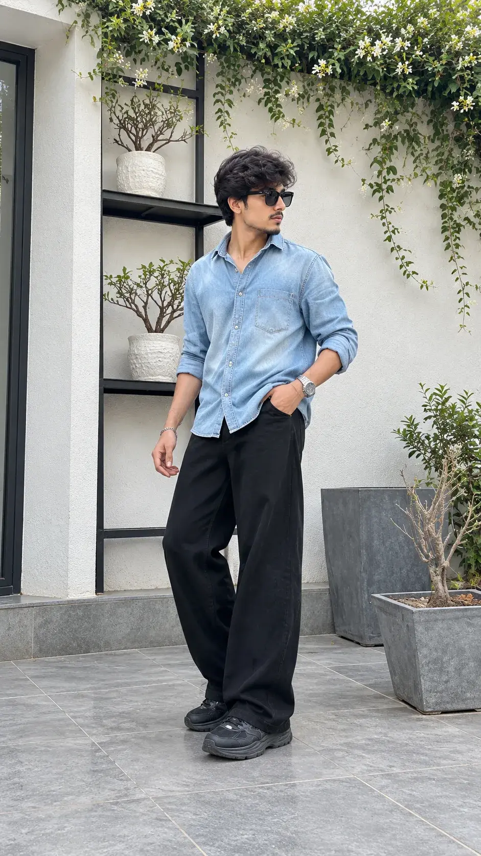 Minimalist Streetwear Portrait Of A Young Man In Blue Denim And Black Trousers 🖤