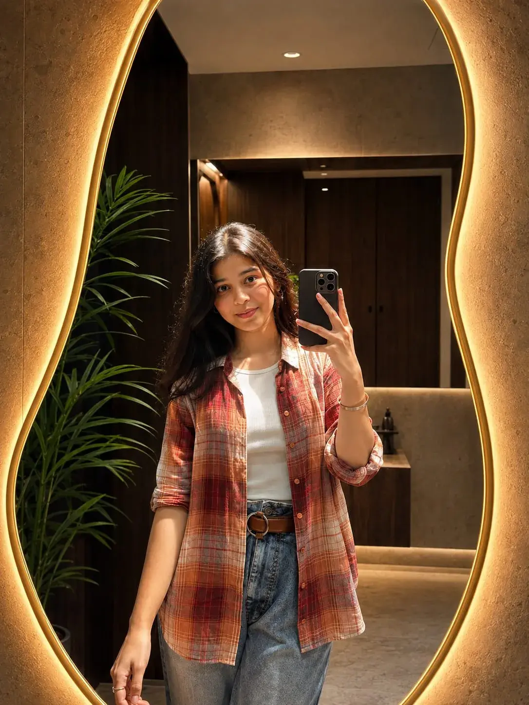 Mirror Glow & Casual Flannel Vibes 🧡✨🌿