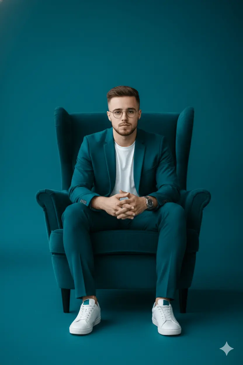 Monochromatic Deep Teal Suit Portrait AI Prompt