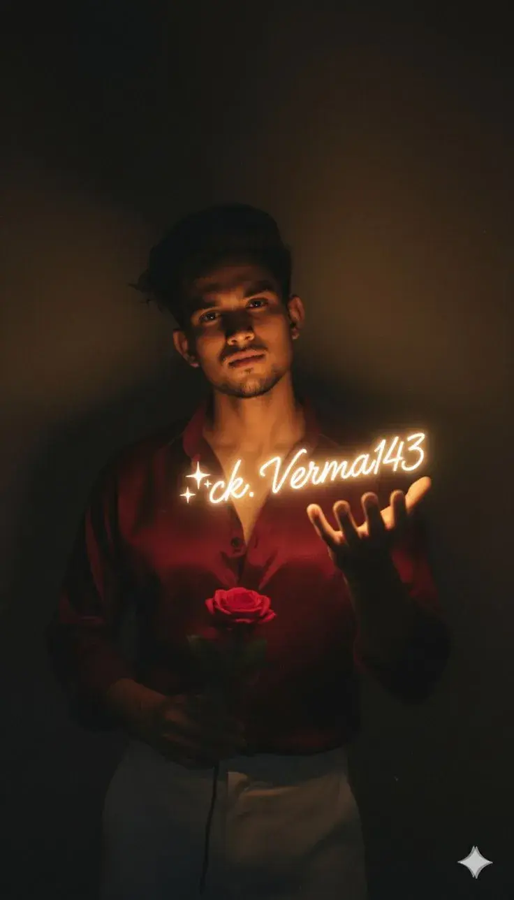 Moody Low-Key Dark Studio Portrait Of Handsome Young South Asian Man In Satin Maroon Shirt With Glowing Typography And R