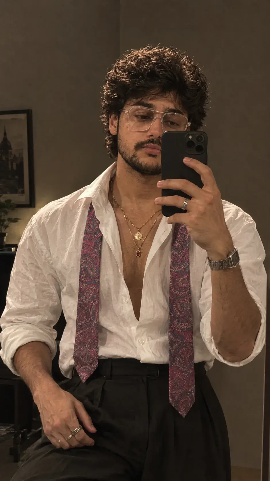Moody Mirror Selfie With Paisley Tie.