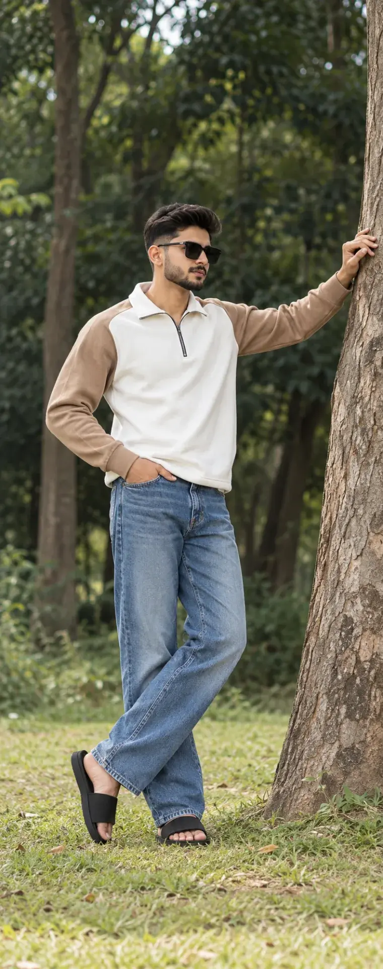 Moody Outdoor Streetwear Portrait Of A Young Man Leaning Against A Tree In A Green Forest