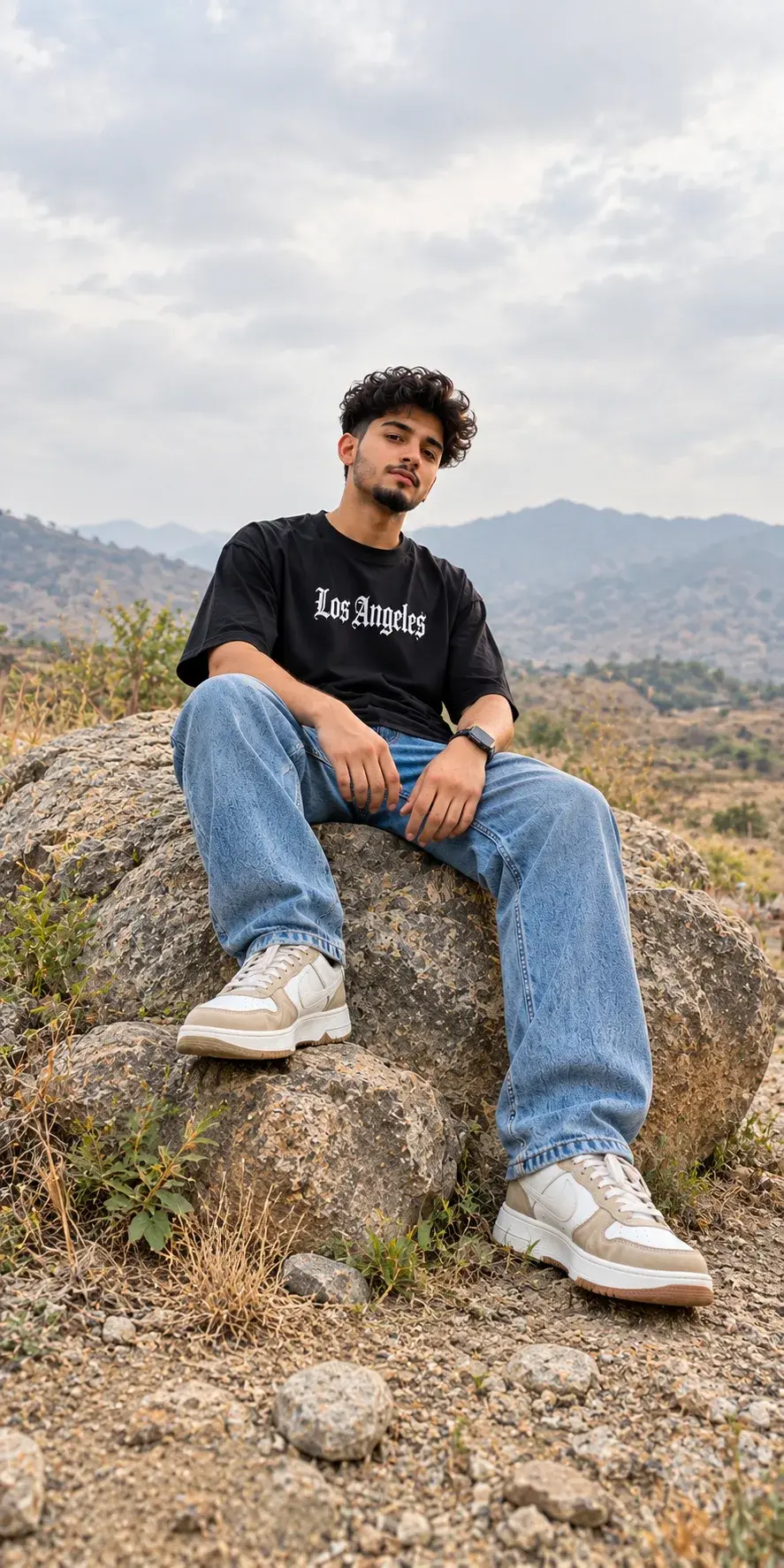 Moody Streetwear Portrait | Black Oversized Tee & Blue Jeans Aesthetic