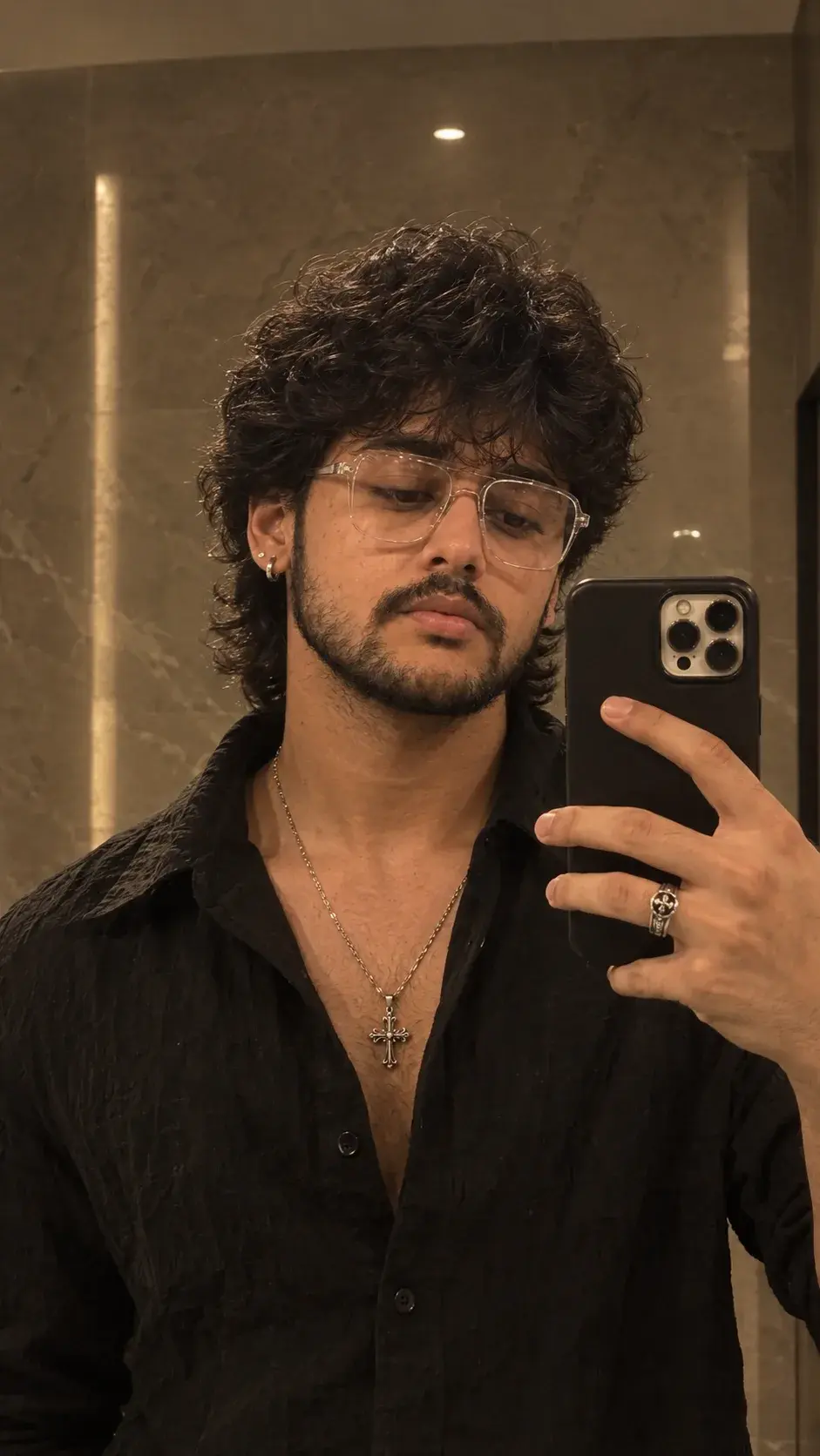 Moody Warm Bathroom Mirror Selfie.