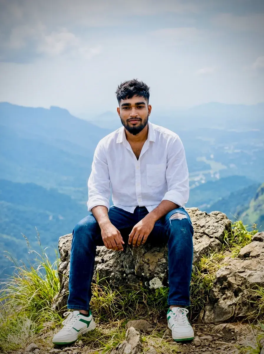 Mountain Viewpoint Crisp White Shirt Scenic Portrait
